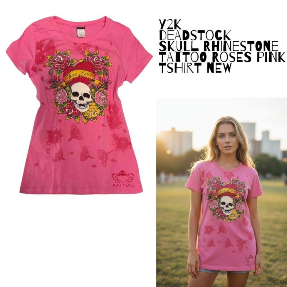 2000'S DEADSTOCK NWOT SKULL RHINESTONE TATTOO ED HARDY STYLE PINK T SHIRT XL